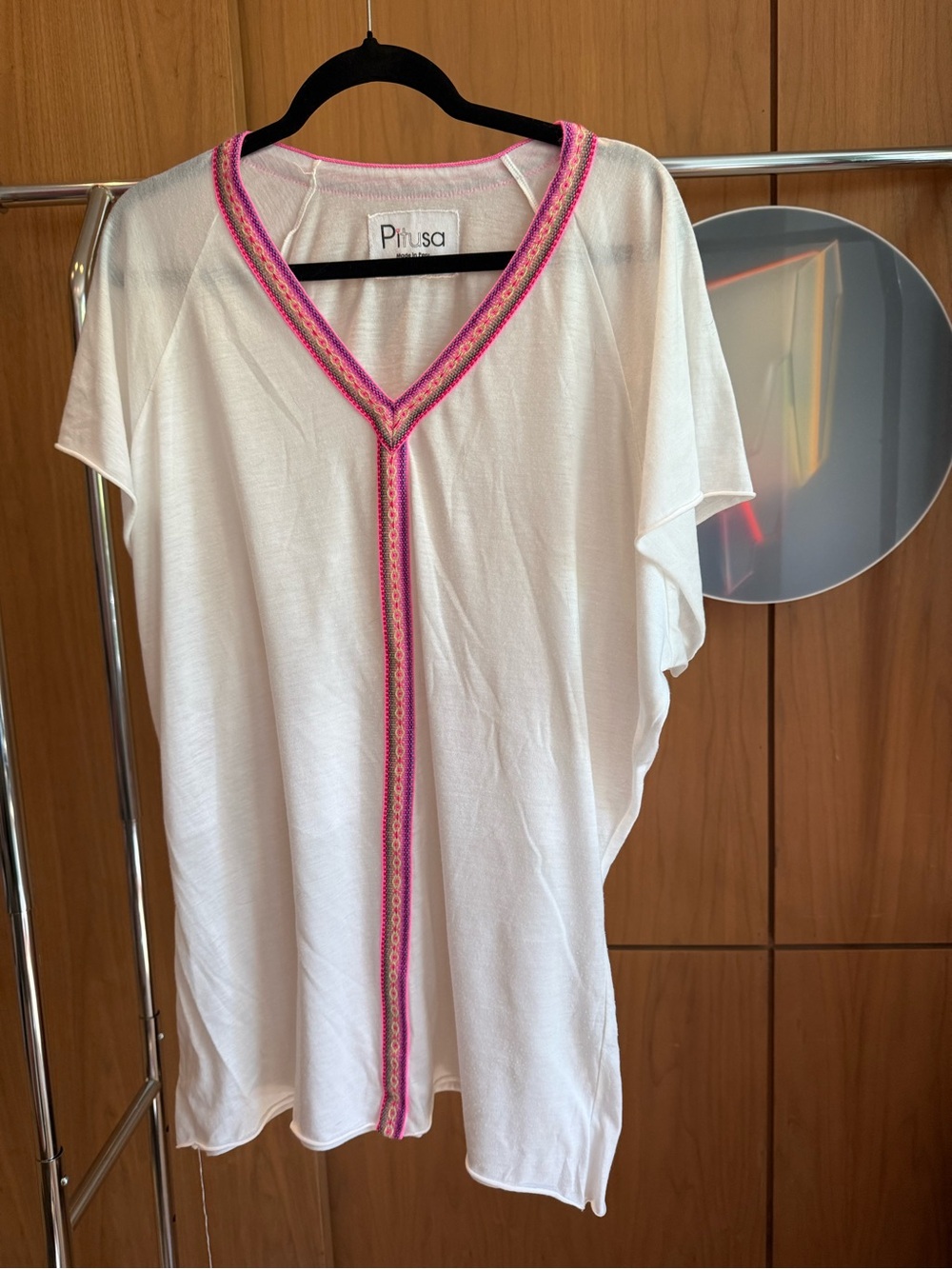 Pre-Loved Pitusa White Tunic with Pink Trim Detail - Size M/L